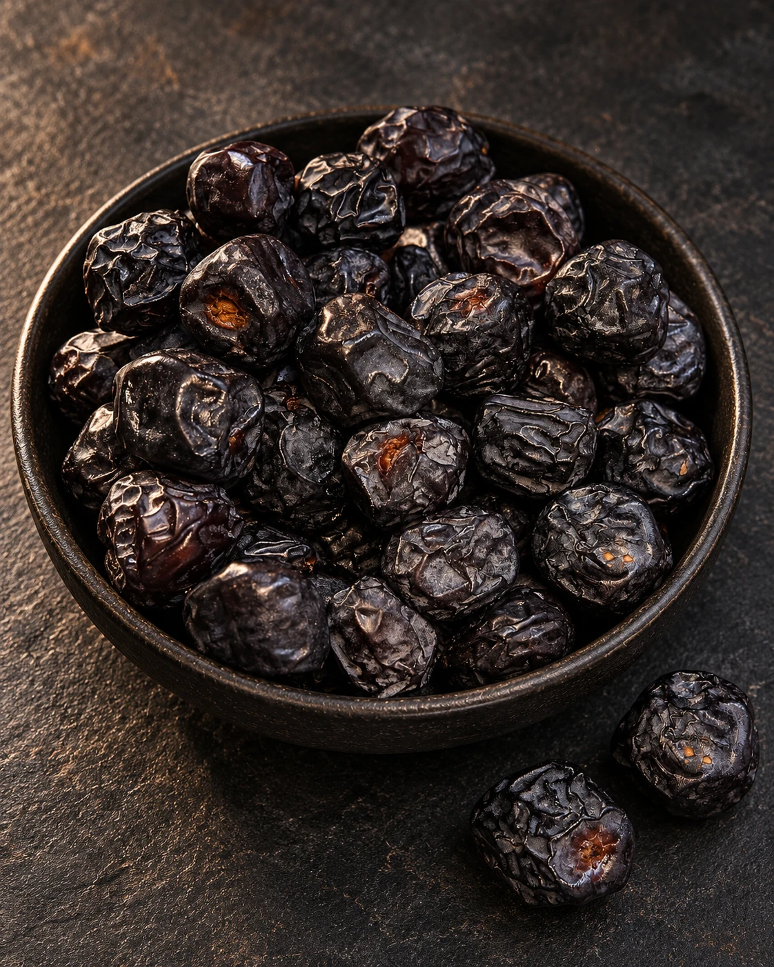 Deep dark dates presented in a black ceramic dish
