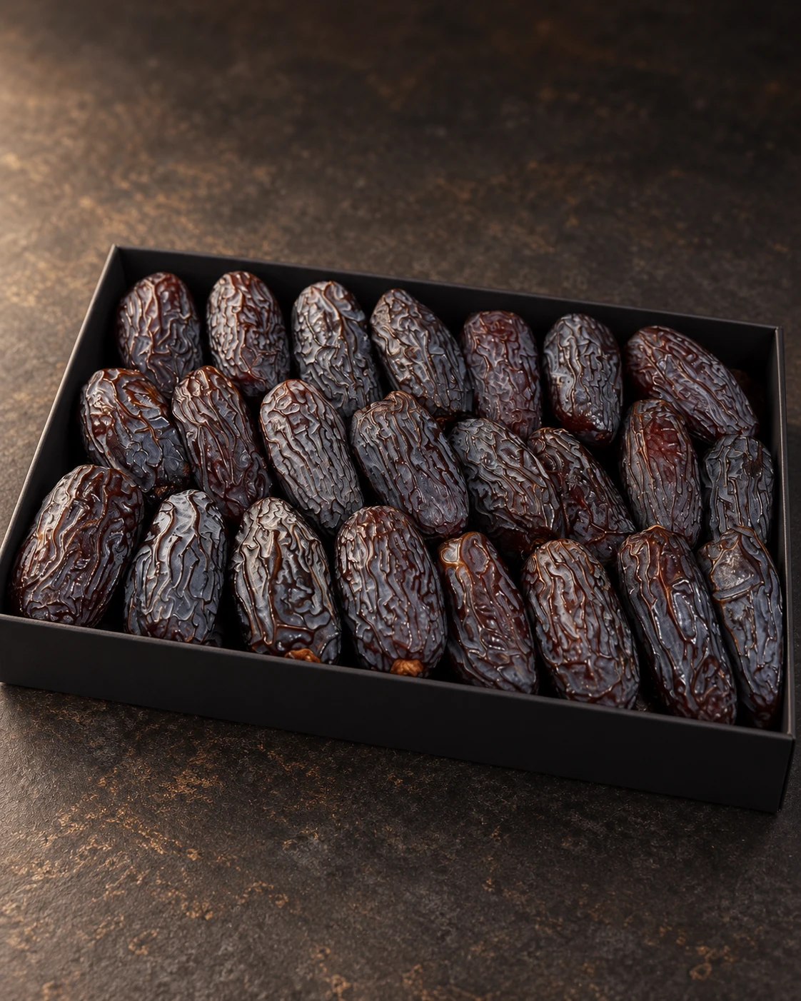 Dark dates arranged in an understated black presentation tray