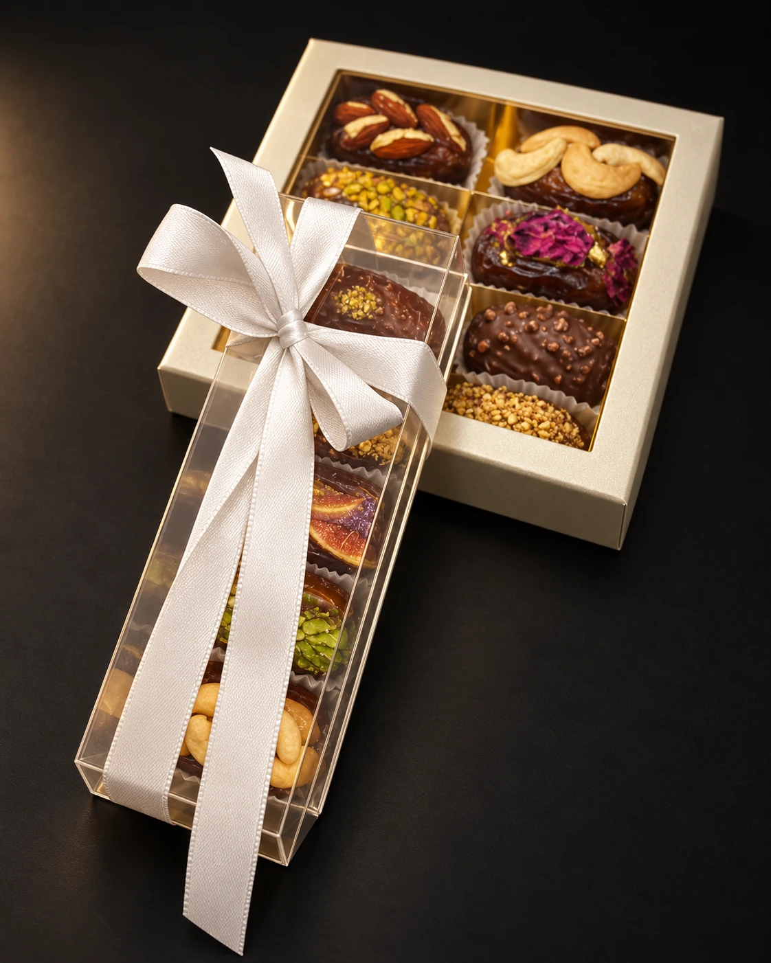 Assorted date gift boxes finished with a white ribbon