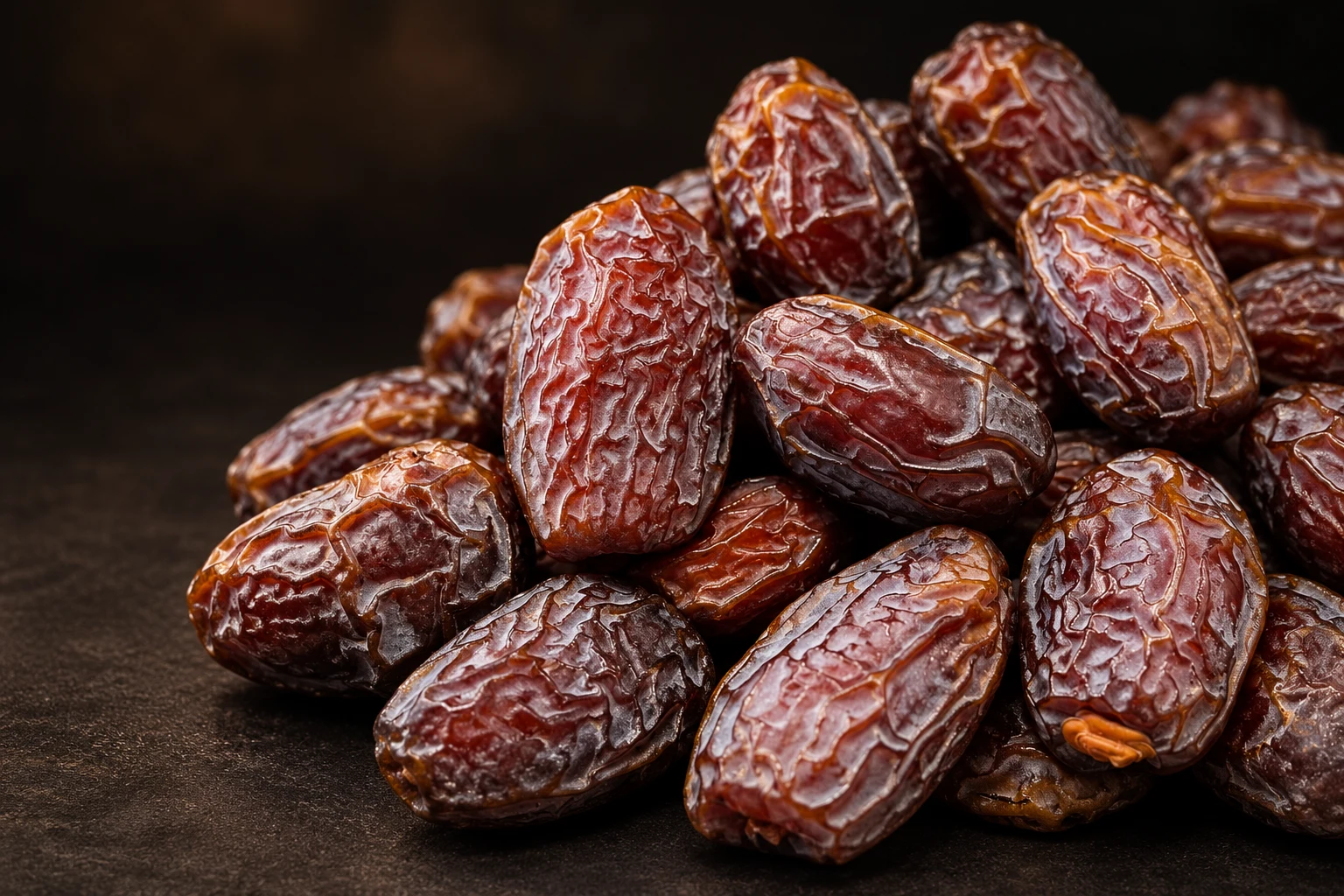 Rich brown dates photographed on a dark studio surface